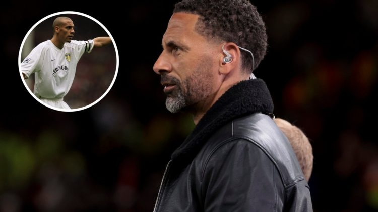 Former Man United star Rio Ferdinand as a pundit in 2025. Inset, Ferdinand playing for Leeds United in 2001.