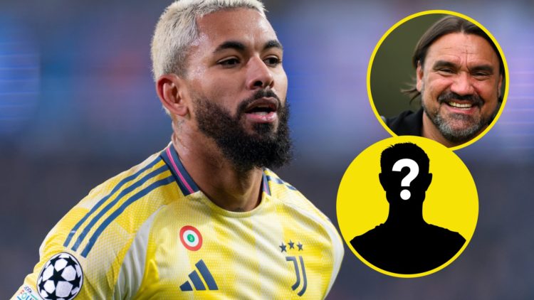 Juventus midfielder Douglas Luiz. Inset, Leeds United manager Daniel Farke. Inset, LUN Mystery Player.