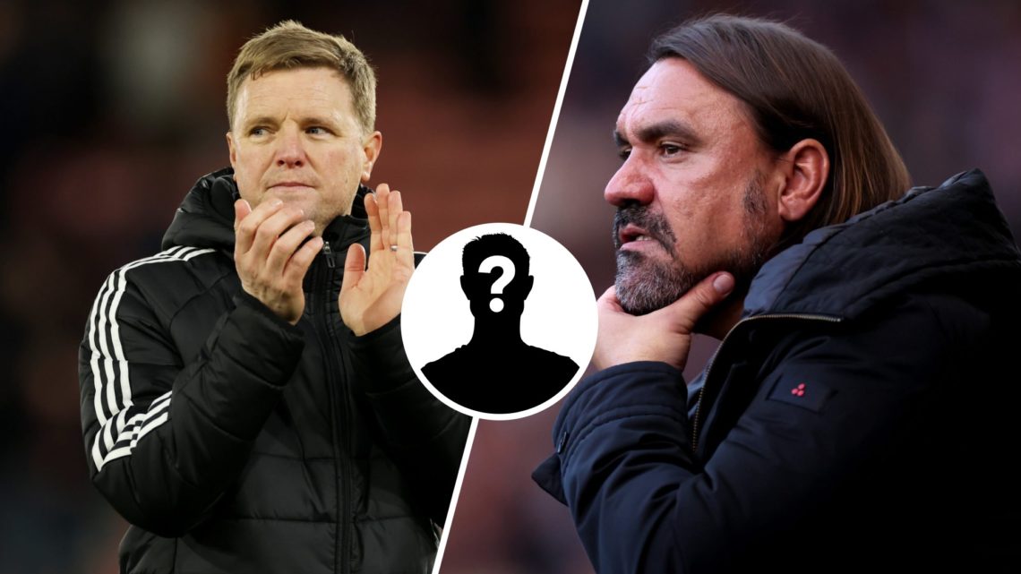 Eddie Howe (left) manager of Newcastle United and Daniel Farke (right) manager of Leeds United with mystery player inset in the middle