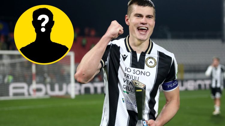 Udinese centre-back Jaka Bijol in 2025. Inset, LUN Mystery Player Icon.