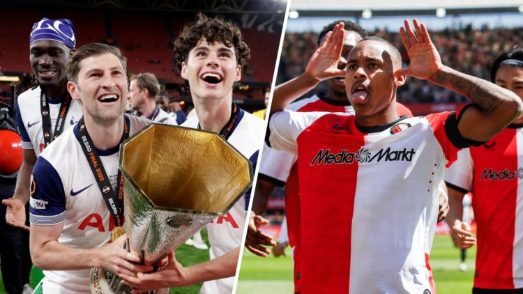 A split image of Yves Bissouma, Archie Gray, and Ben Davies of Tottenham Hotspur winning the Europa League (left) with Igor Paixao of Feyenoord (ri...