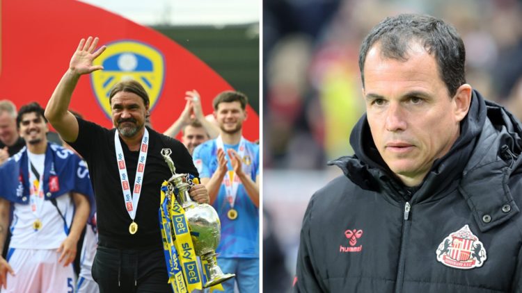 Daniel Farke with the Championship trophy as Regis Le Bris looks on.