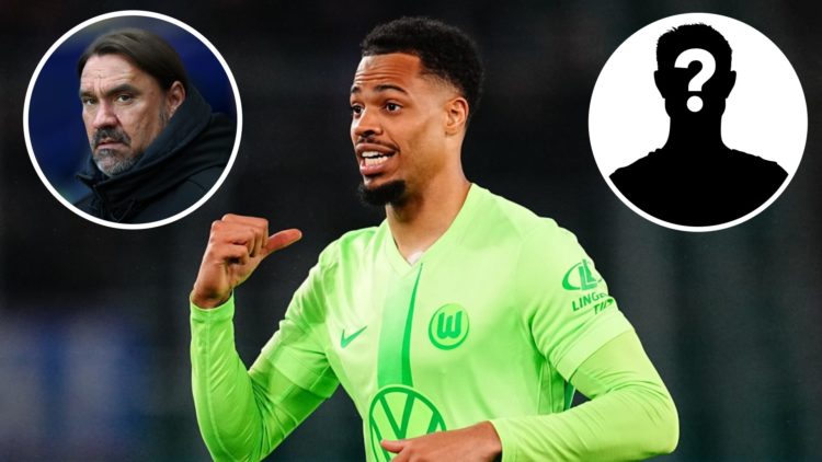Lukas Nmecha playing for Wolfsburg in 2025. Inset, Leeds United manager Daniel Farke. Inset, LUN Mystery Player.