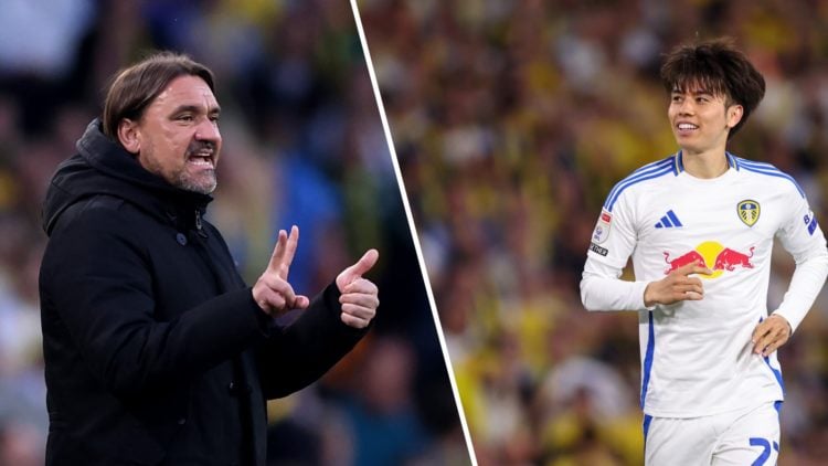 Daniel Farke points out instructions and Ao Tanaka in action for Leeds.