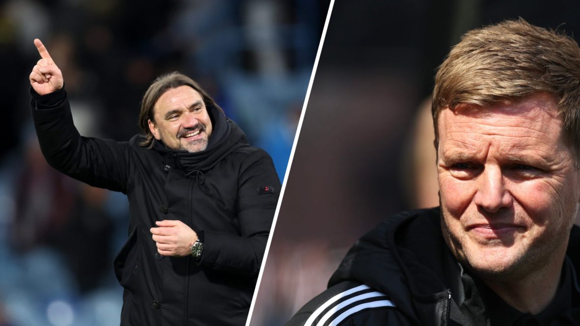 Daniel Farke celebrates a Leeds win as Newcastle boss Eddie Howe looks on.