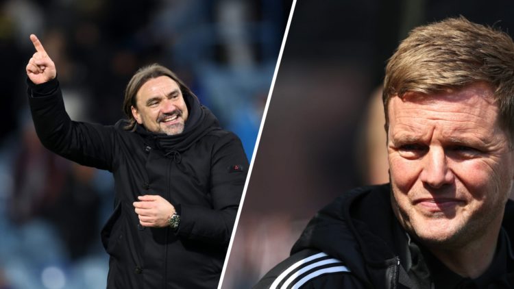 Daniel Farke celebrates a Leeds win as Newcastle boss Eddie Howe looks on.