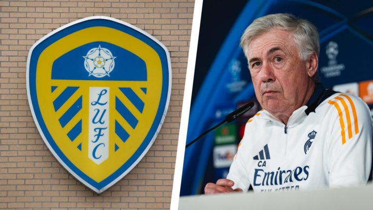 Split image of the official Leeds United badge as seen on the outside of Elland Road, and Real Madrid manager Carlo Ancelotti during a press confer...