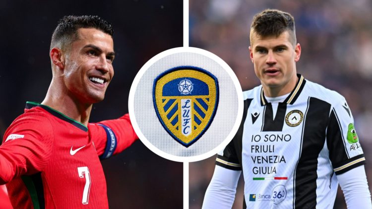 Split image of Cristiano Ronaldo playing for Portugal, and Jaka Bijol playing for Udinese. Inset a picture of the official club badge of Leeds United.