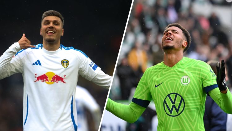 Joel Piroe celebrates scoring for Leeds and Lukas Nmecha in action for Wolfsburg.