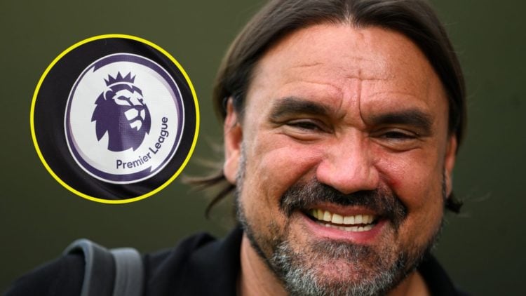 Close up image of Leeds United manager Daniel Farke smiling. Inset: Premier League logo.