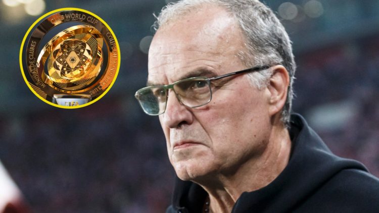 Former Leeds United manager Marcelo Bielsa in 2024. Inset, the FIFA Club World Cup trophy.