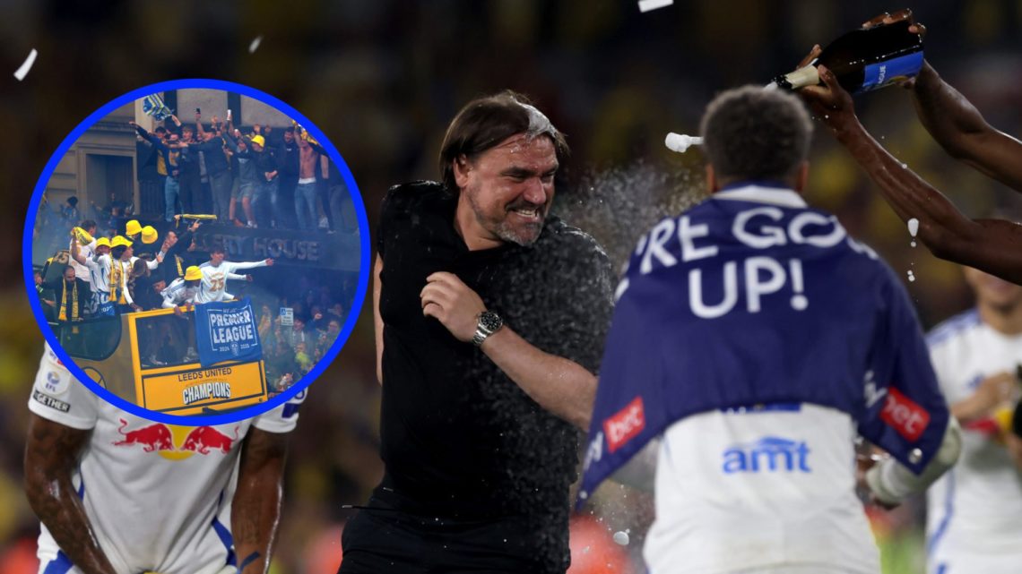 Daniel Farke gets champaign poured on him by a Leeds United player in celebration. Inset: Leeds players ride an open top bus through the city durin...