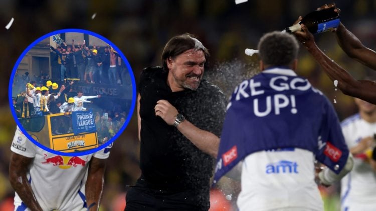 Daniel Farke gets champaign poured on him by a Leeds United player in celebration. Inset: Leeds players ride an open top bus through the city durin...