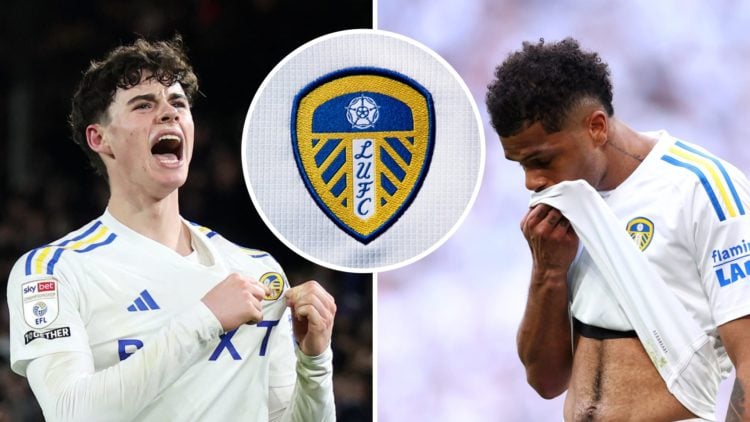 Split image: Archie Gray points to the Leeds United badge in celebration (L). Georginio Rutter hands his head in disappointment after defeat at Wem...