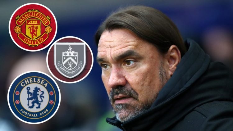 Leeds United manager Daniel Farke watches his team play. Insets: Manchester United club crest (top), Burnley badge (middle), Chelsea logo (bottom).