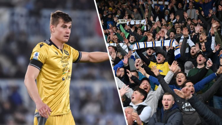 Jaka Bijol in action for Udinese and Leeds' supporters cheer on their side.