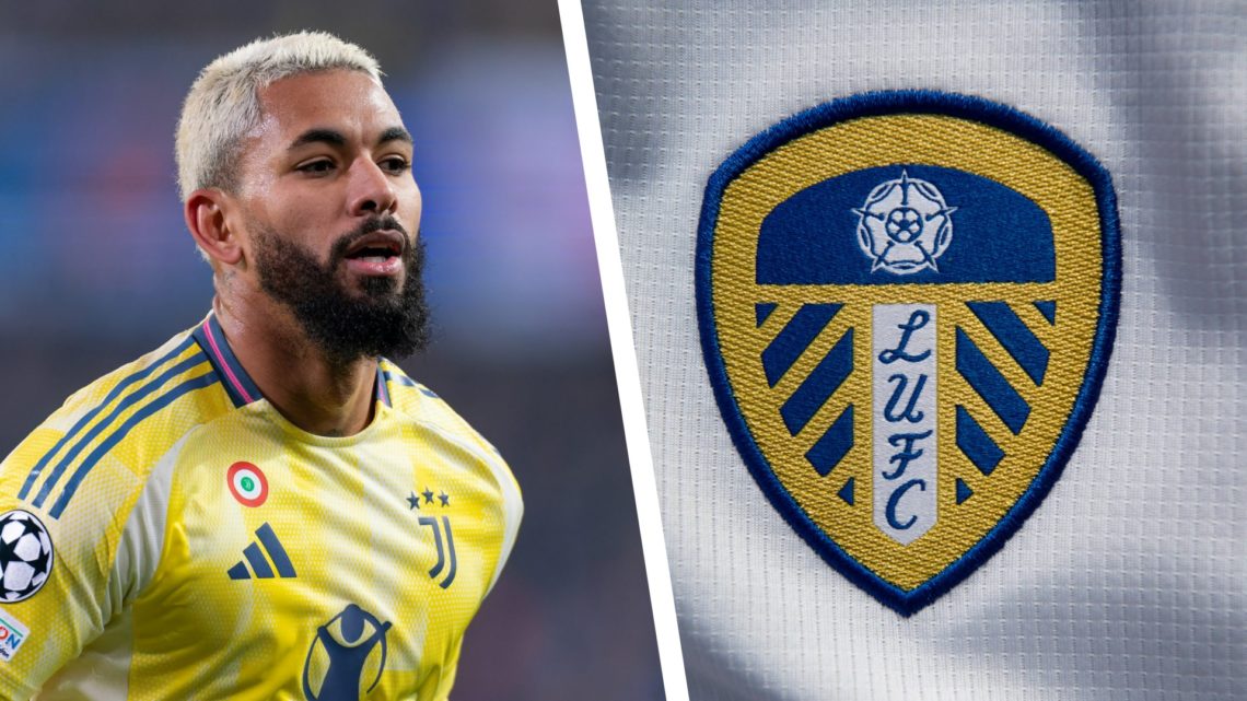 Split image of Douglas Luiz playing for Juventus, and the official Leeds United club badge.