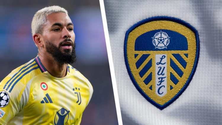 Split image of Douglas Luiz playing for Juventus, and the official Leeds United club badge.