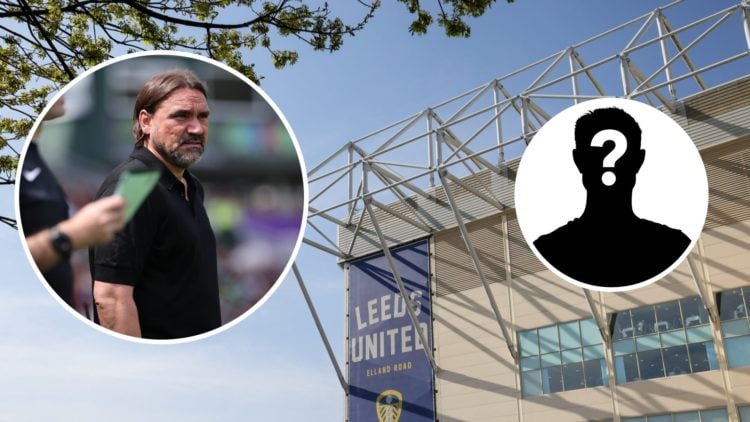 A view of Leeds United's Elland Road stadium from the outside. Inset, a picture of Leeds United manager Daniel Farke and a picture of a mystery pla...
