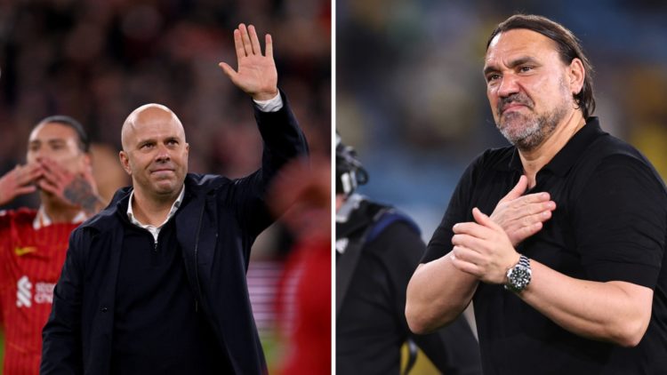 Daniel Farke and Arne Slot wave to Leeds and Liverpool fans.