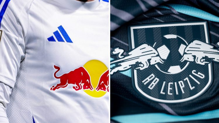 Leeds United's 2024-25 home shirt and the RB Leipzig badge.