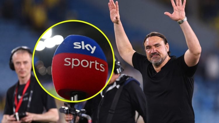 Daniel Farke holds his hands up to Leeds United fans after the victory over Bristol City. Inset: A close up of a Sky Sports microphone.