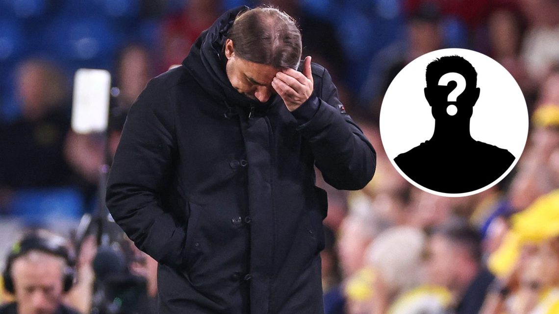 Daniel Farke looks to the floor during a Leeds United match.