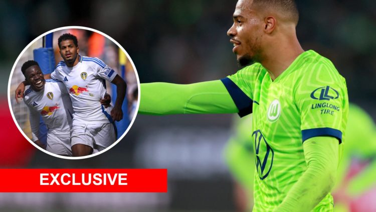 Leeds United duo Willy Gnonto and Georginio Rutter (left) with Wolfsburg striker Lukas Nmecha (right) and an exclusive banner