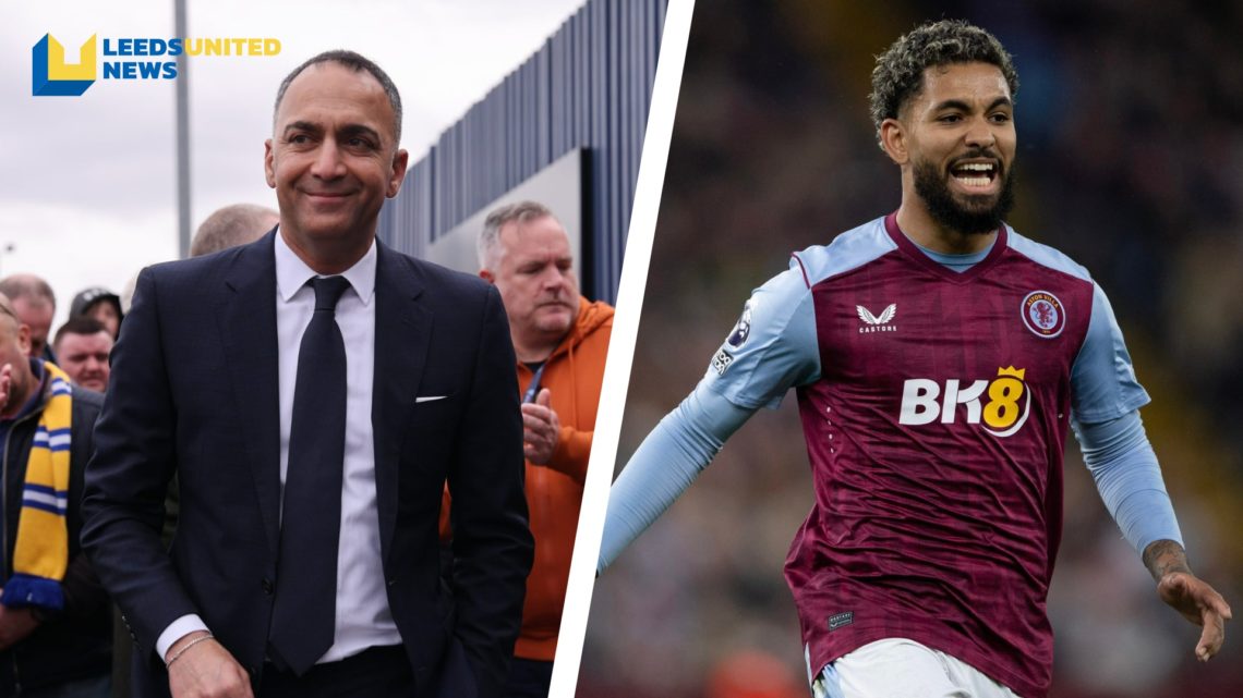 Split image of Leeds United chairman Paraag Marathe, and Douglas Luiz playing in a Premier League game for Aston Villa.