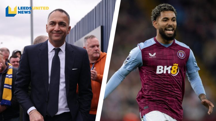 Split image of Leeds United chairman Paraag Marathe, and Douglas Luiz playing in a Premier League game for Aston Villa.