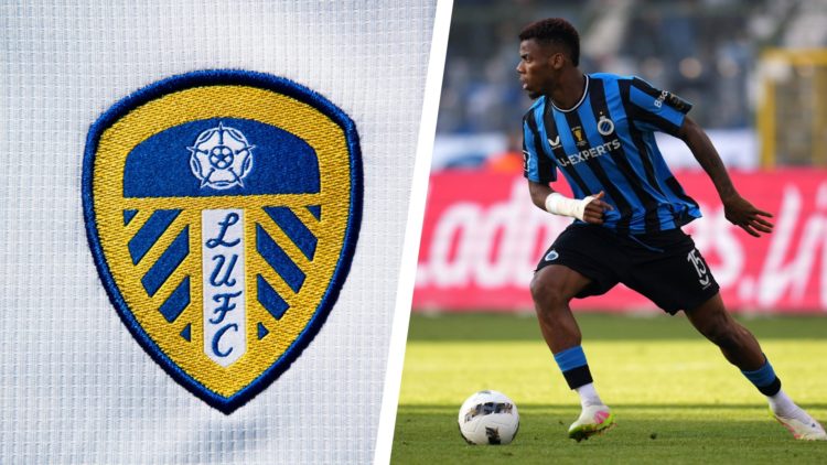 Split image of the official club badge of Leeds United, and Raphael Onyedika during a game for Club Brugge.