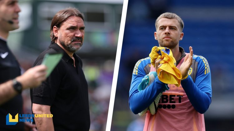 Split image of Leeds United manager Daniel Farke standing on the touchline, and Patrick Bamford warming up for Leeds United.