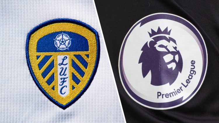 The Leeds United badge alongside the Premier League logo.