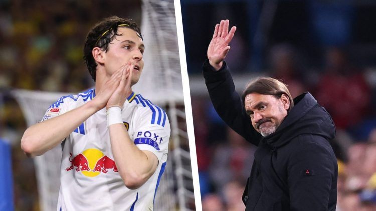 Split image of Leeds United player Brenden Aaronson during a match, and Leeds United manager Daniel Farke waving the fans.