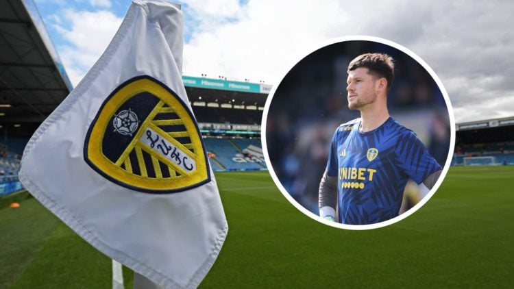 A general view of Leeds United's Elland Road stadium before a game. Inset a picture of a Leeds United goalkeeper Illan Meslier.