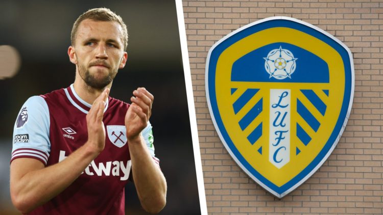 A split image of Tomas Soucek applauding the West Ham fans, and the official club badge of Leeds United as seen on the outside of Elland Road.