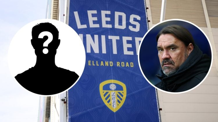 A general view of Leeds United's Elland Road stadium. Inset a picture of Leeds United manager Daniel Farke, and a mystery player.
