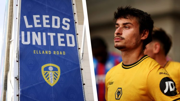 Split image Leeds United's Elland Road Stadium, and Hugo Bueno before a friendly match for Wolves against Crystal Palace.