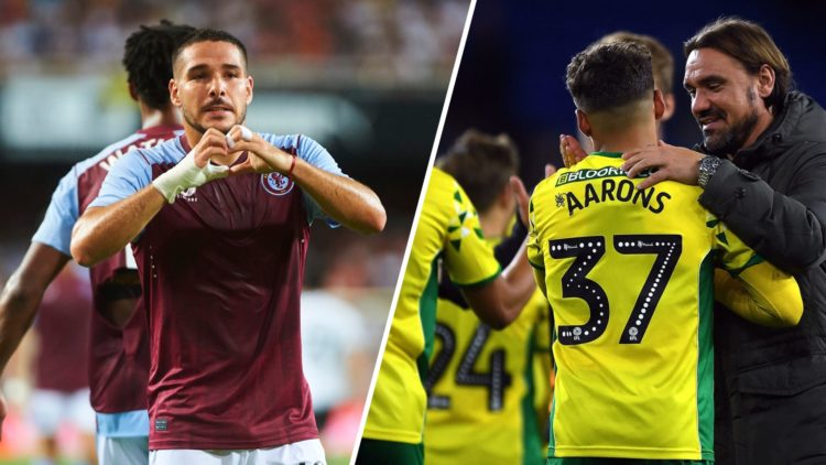 Emi Buendia of Aston Villa (left) with Max Aarons and Daniel Farke of Norwich City (right)
