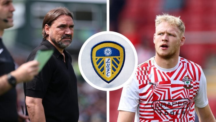 Split image of Leeds United manager Daniel Farke and Southampton goalkeeper Aaron Ramsdale warming up before a match. Inset a picture of the offici...