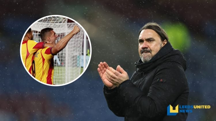 Leeds United manager Daniel Farke applauds the fans. Inset a picture of Lecce striker Nikola Krstovic celebrating a goal.
