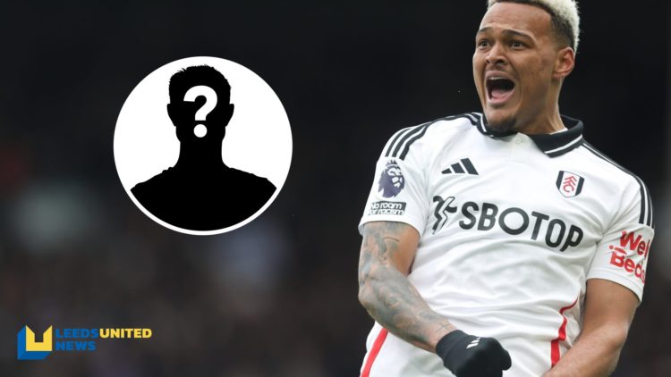 Fulham striker Rodrigo Muniz celebrates scoring a goal. Inset a picture of a mystery player.