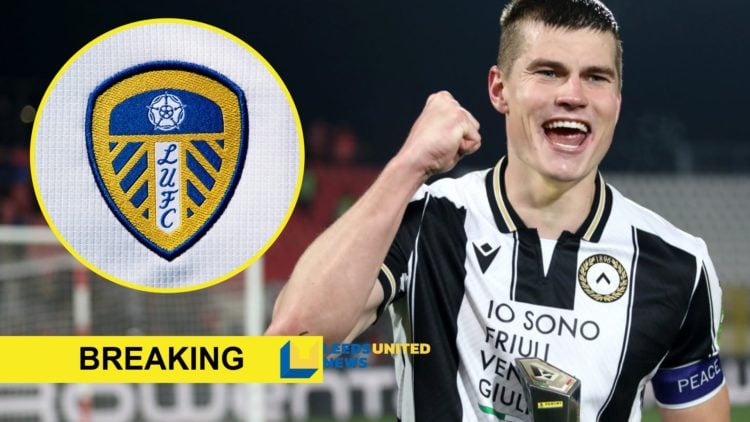 Collage image. Jaka Bijol smiles and pumps his fist in celebration while playing for Udinese. Inset: Leeds United badge with a banner that reads 'B...