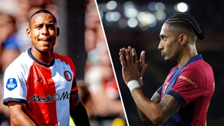 Split image of Feyenoord forward Igor Paixao in 2025 and Barcelona winger Raphinha in 2025.