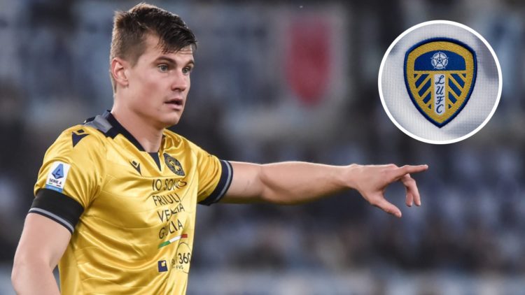 Jaka Bijol of Udinese (left) with Leeds United crest inset (right)