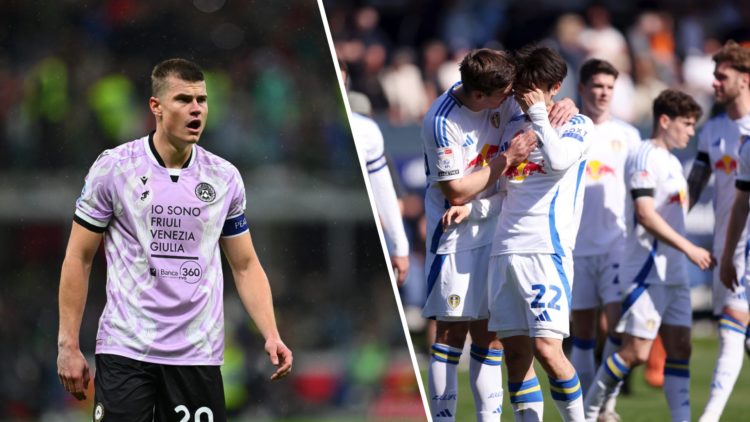 Jaka Bijol in action for Udinese and Leeds players after securing promotion.