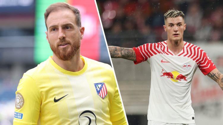 Jan Oblak ahead of an Atletico Madrid game and Benjamin Sesko in action for Leipzig.