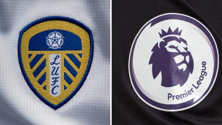 The Leeds United badge and the Premier League emblem.