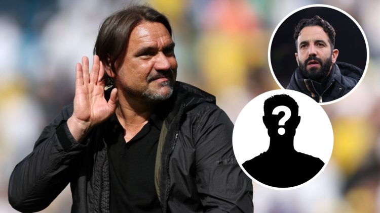 Leeds United manager Daniel Farke. Inset, Man United manager Ruben Amorim. Inset, LUN Mystery Player.