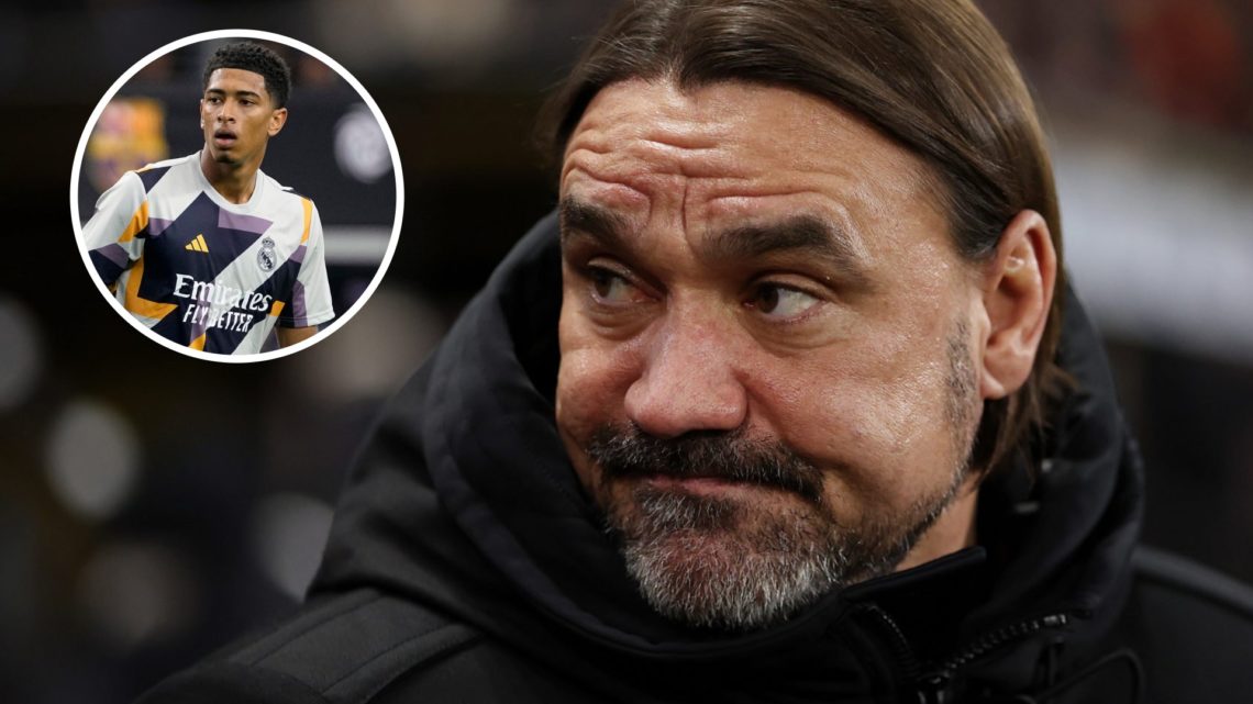 Leeds United manager Daniel Farke in 2025. Inset, Jude Bellingham warming up for Real Madrid in 2023.